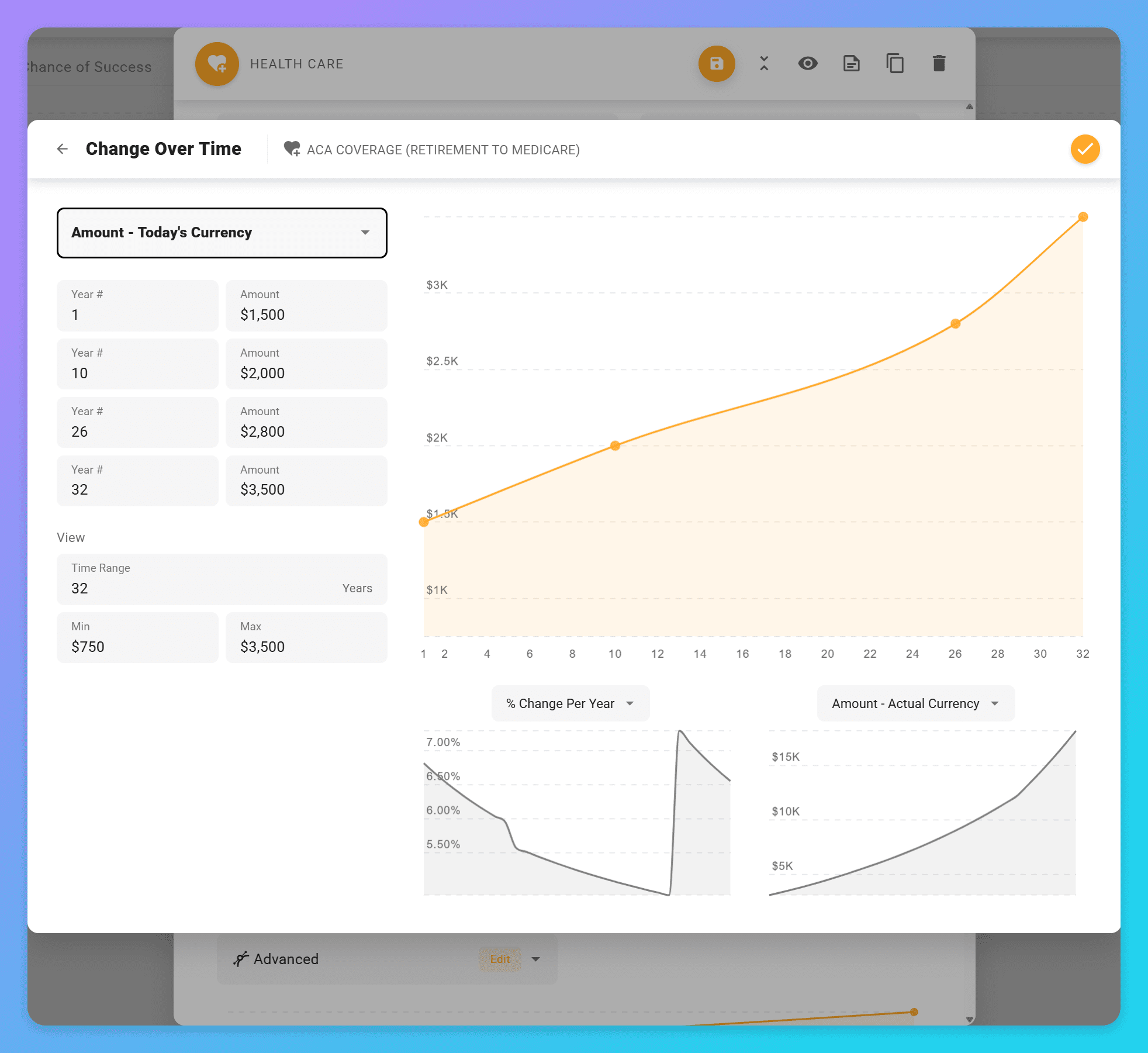 Change Over Time selector set to Advanced, with the control-point editor expanded