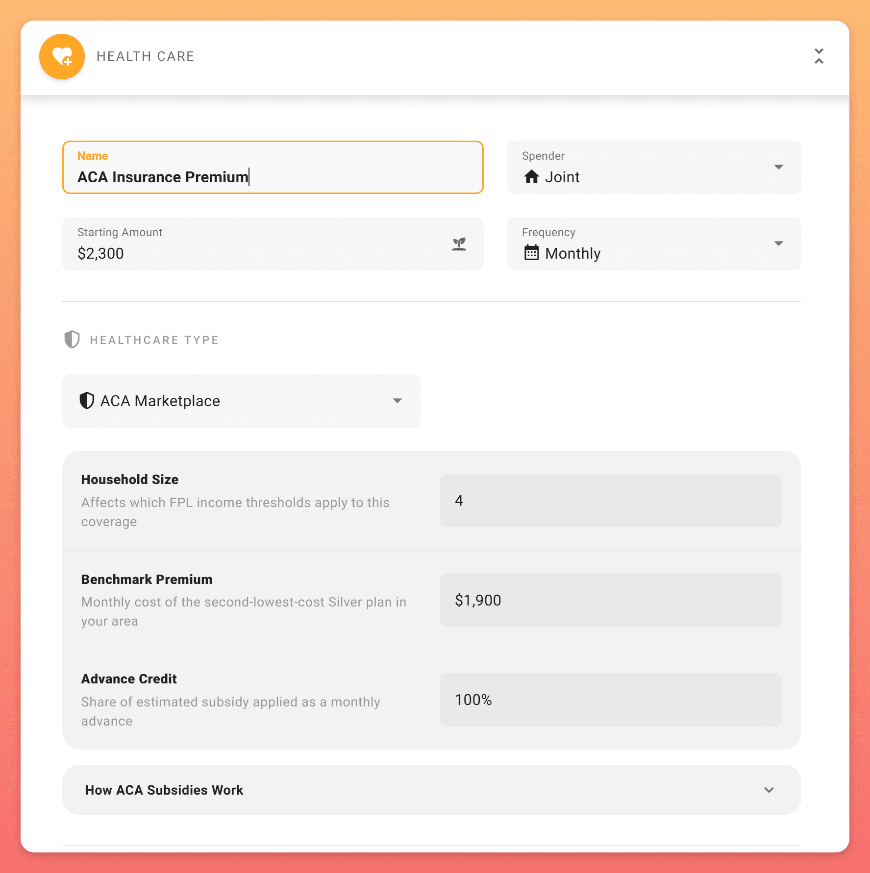 Health Care expense form with ACA Marketplace selected, showing the Household Size, Benchmark Premium, and Advance Credit fields below.