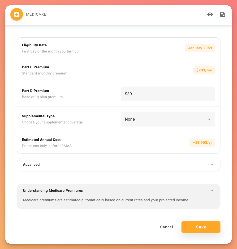 Medicare expense card with cost and IRMAA breakdown