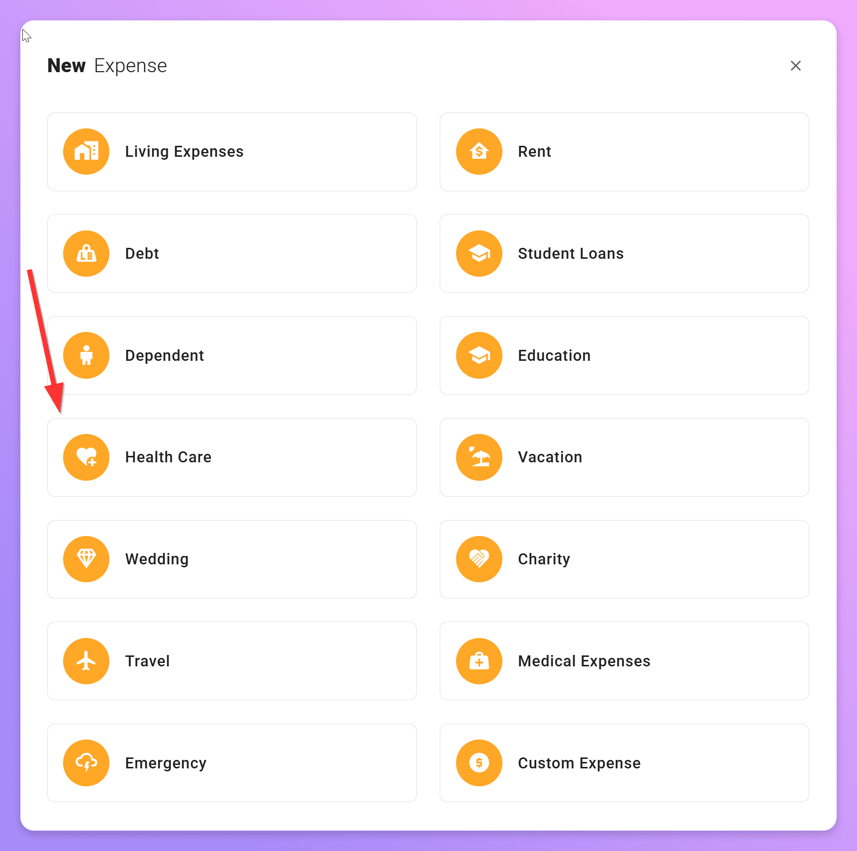New Expense dialog with a red arrow pointing to the Health Care category